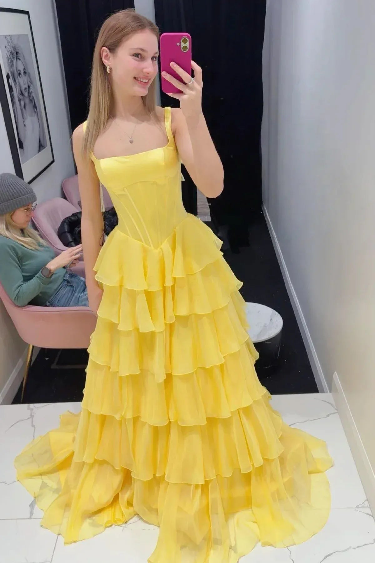 A-Line Fuchsia Prom Dress Square Neck Spaghetti Straps with Ruffles