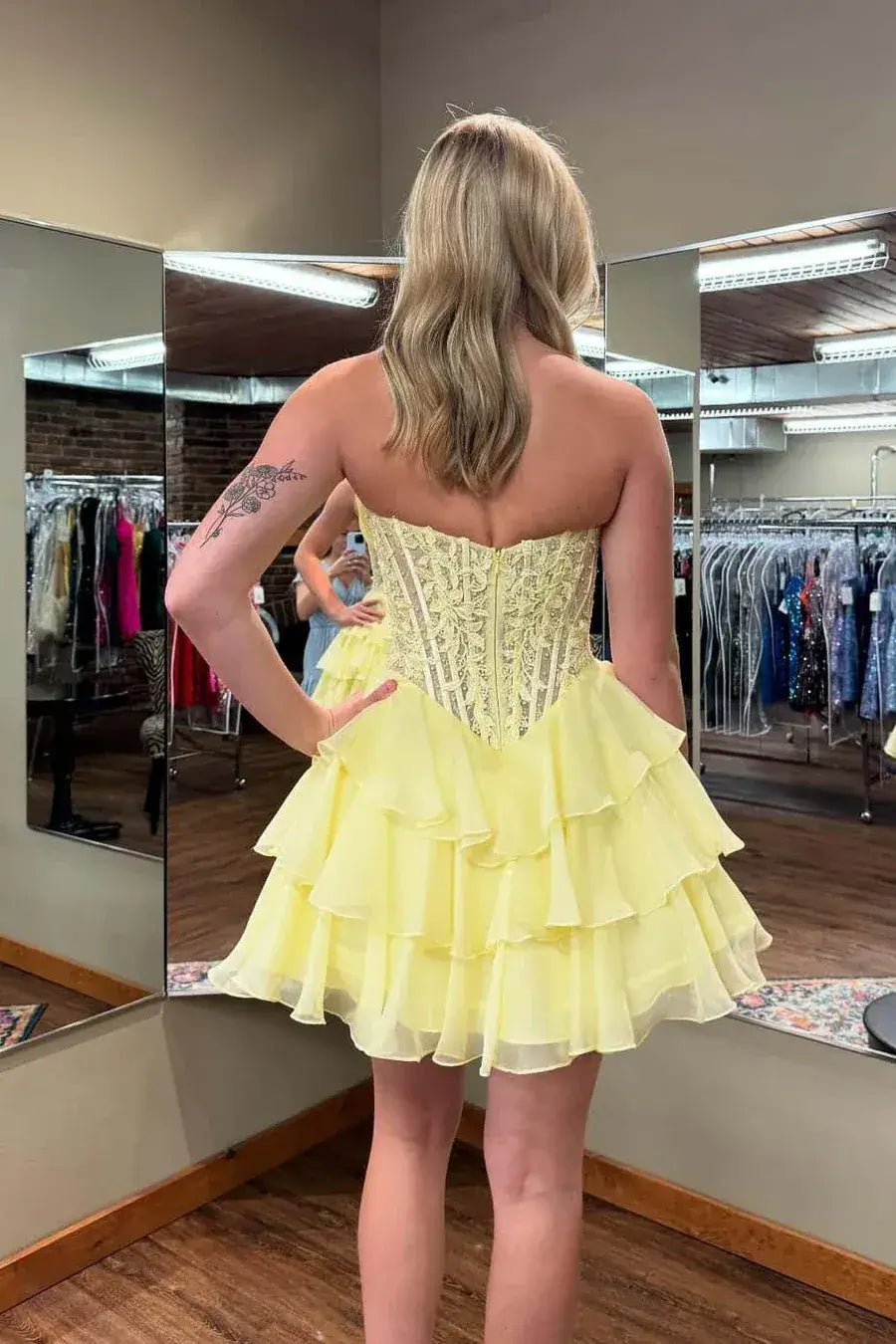 A Line Yellow Short Prom Dress Lace Ruffles Hoco Dress