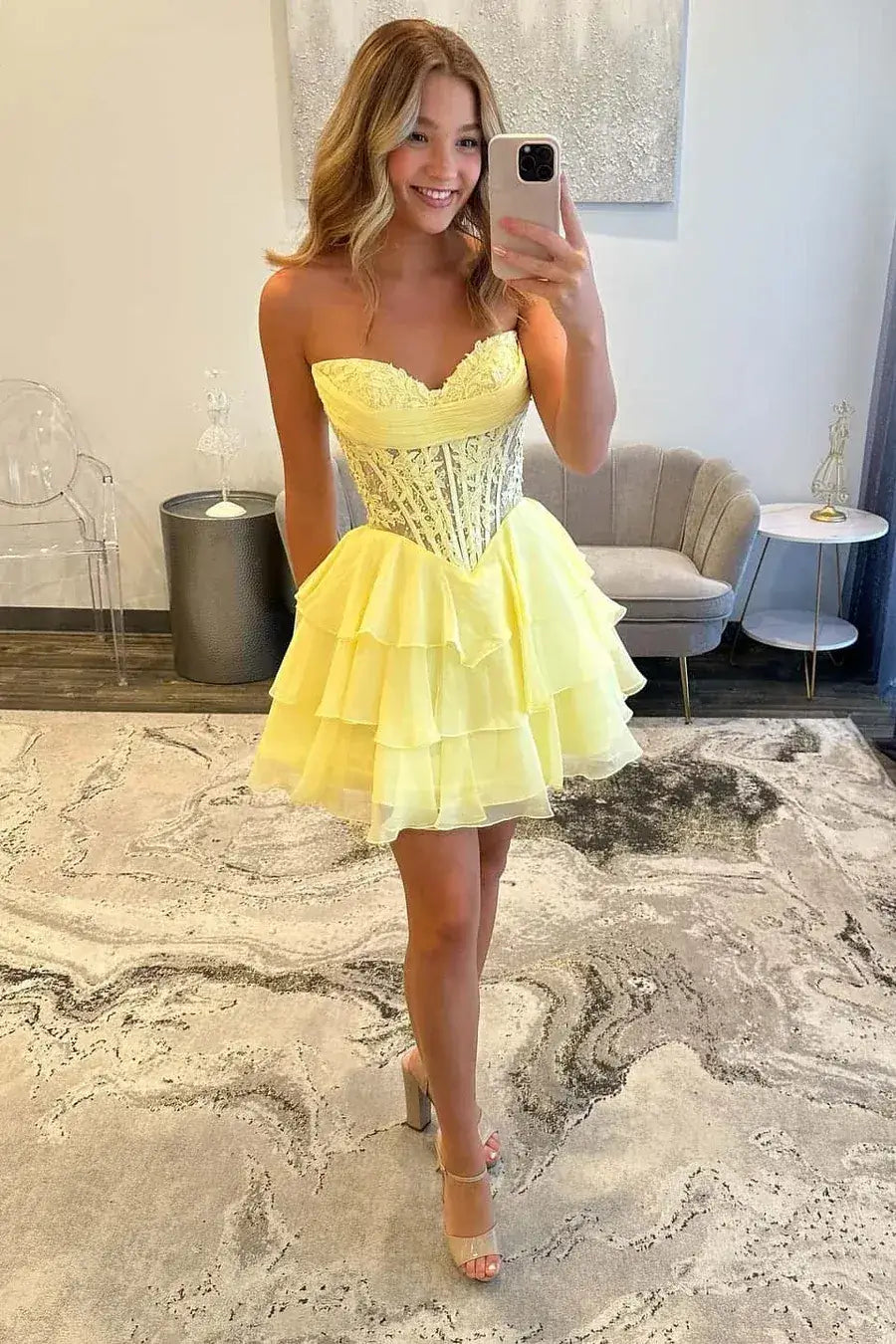 A Line Yellow Short Prom Dress Lace Ruffles Hoco Dress