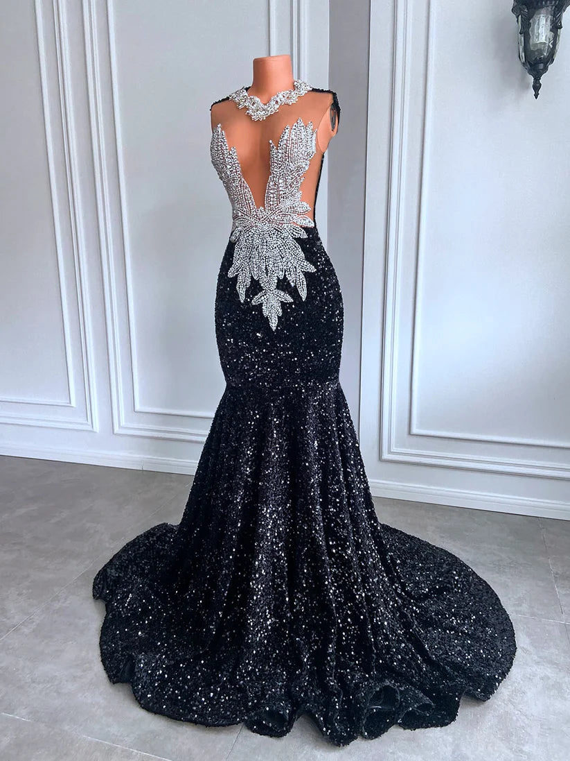 African Black Girl Prom Gala Dresses Mermaid with Diamond Beaded Mychicdress