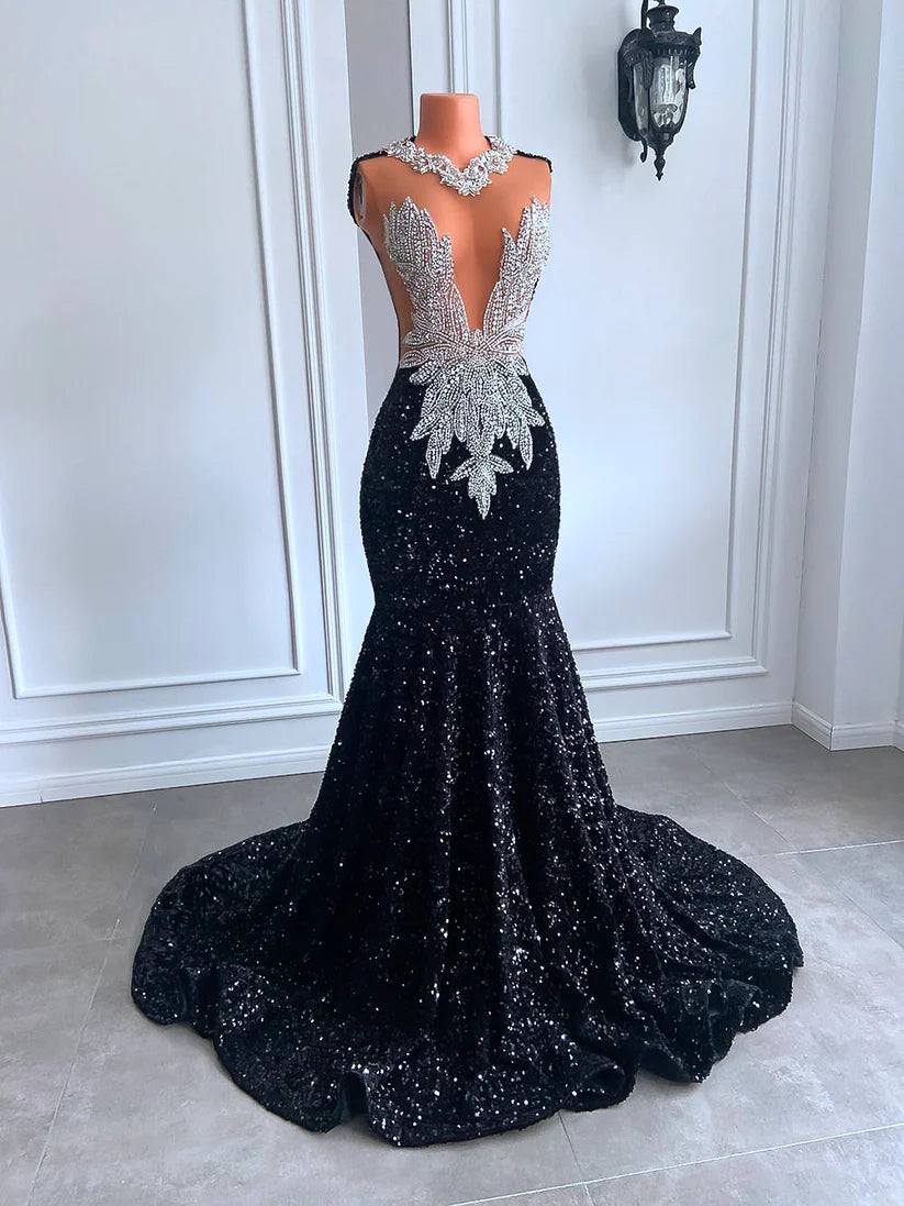 African Black Girl Prom Gala Dresses Mermaid with Diamond Beaded Mychicdress