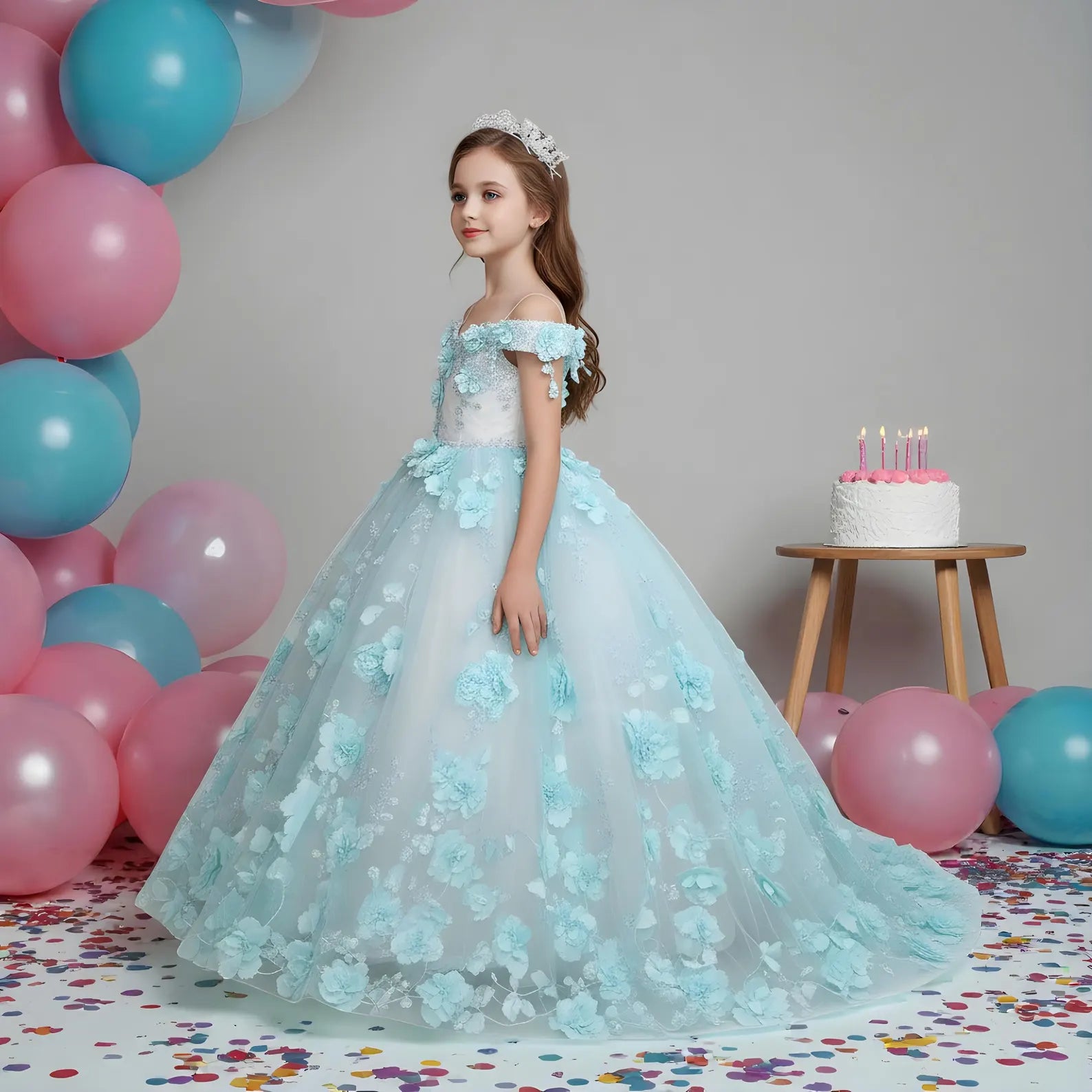 Lilac Mini Quinceanera Gown 3D Floral Appliques Off-the-shoulder