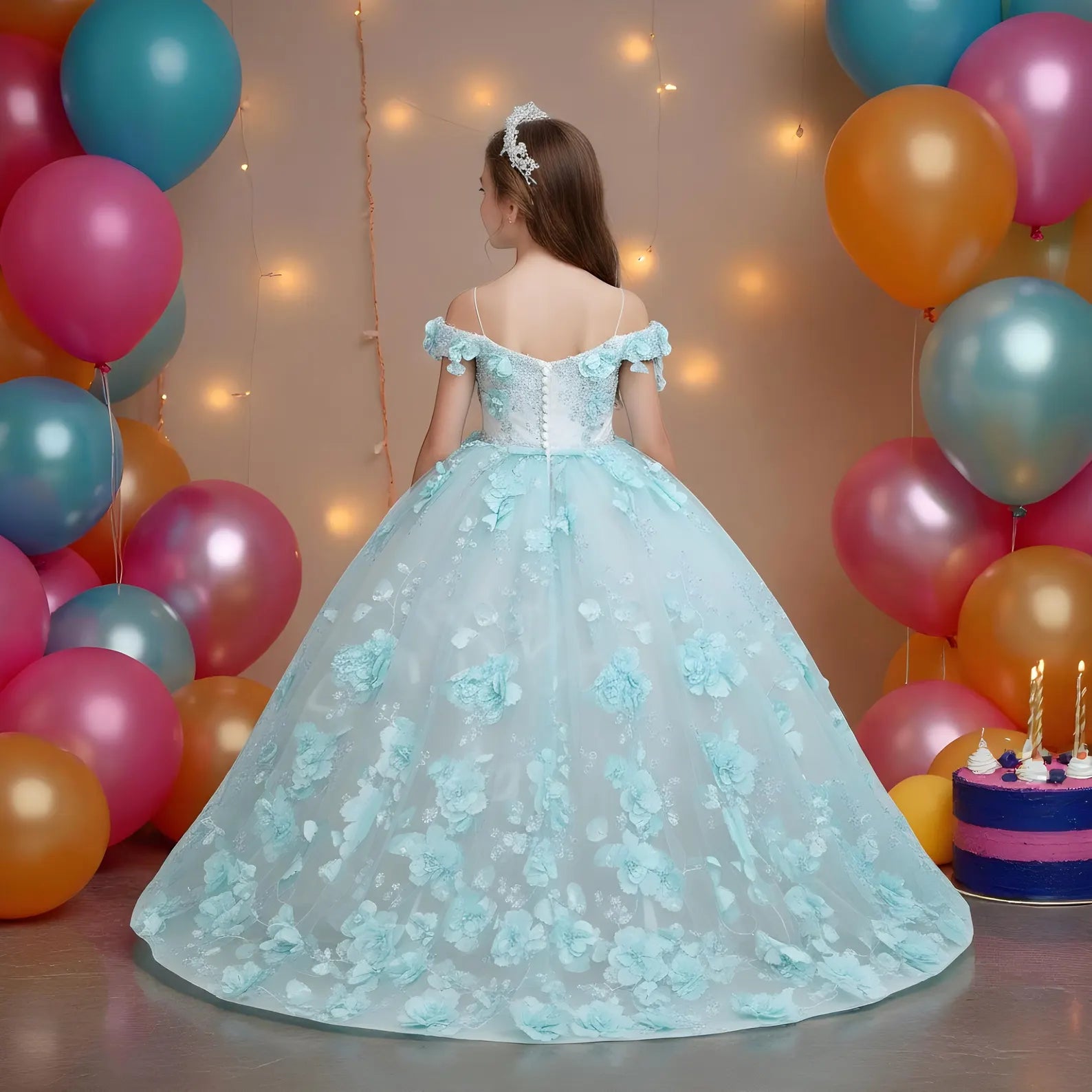 Lilac Mini Quinceanera Gown 3D Floral Appliques Off-the-shoulder