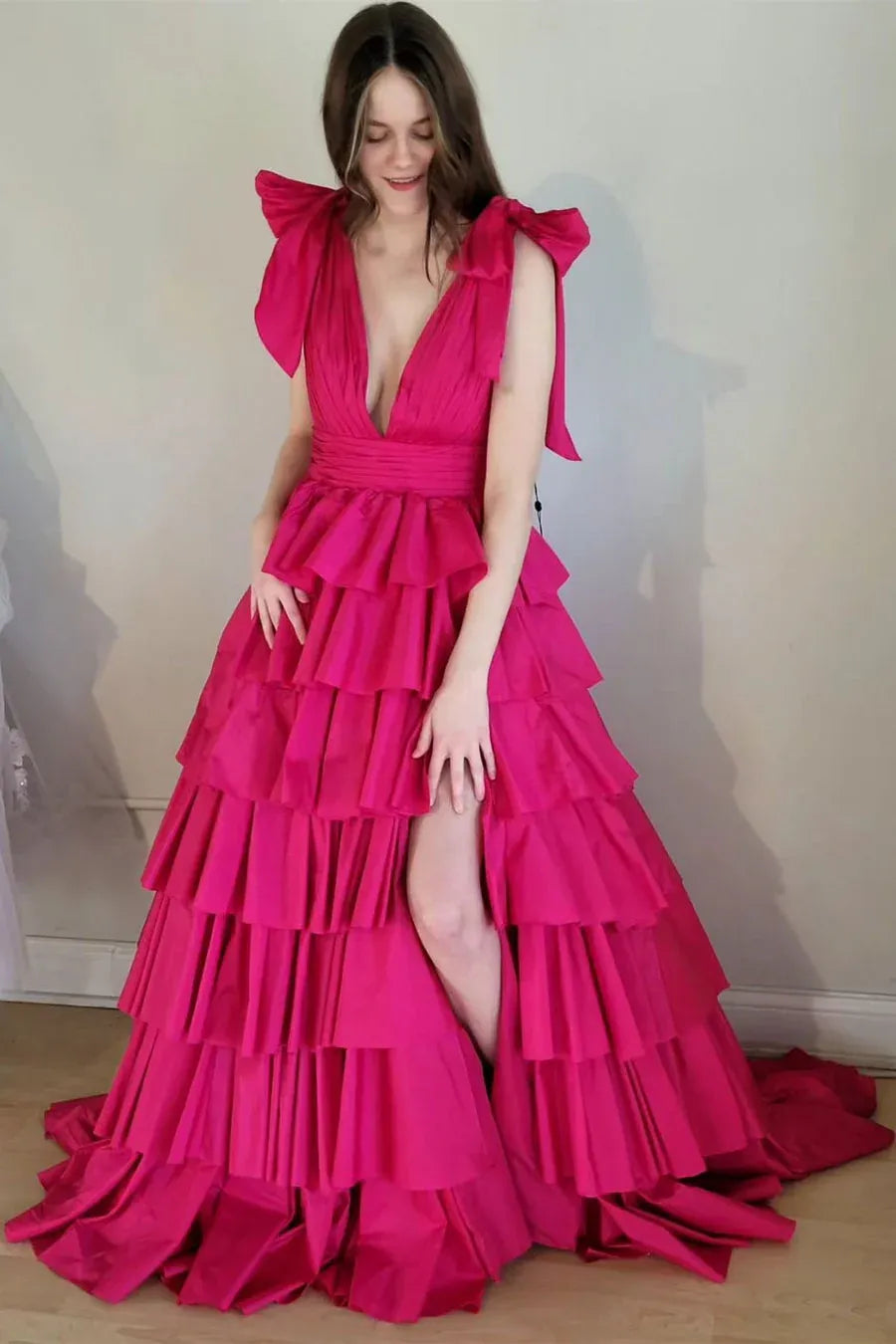 pink prom dress with ruffled layers 