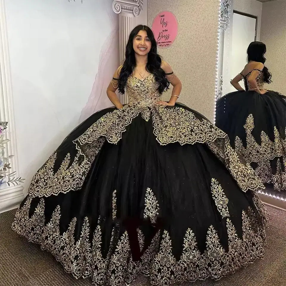 Ball Gown Black Quinceanera Dresses Gold Lace Vestido De 15