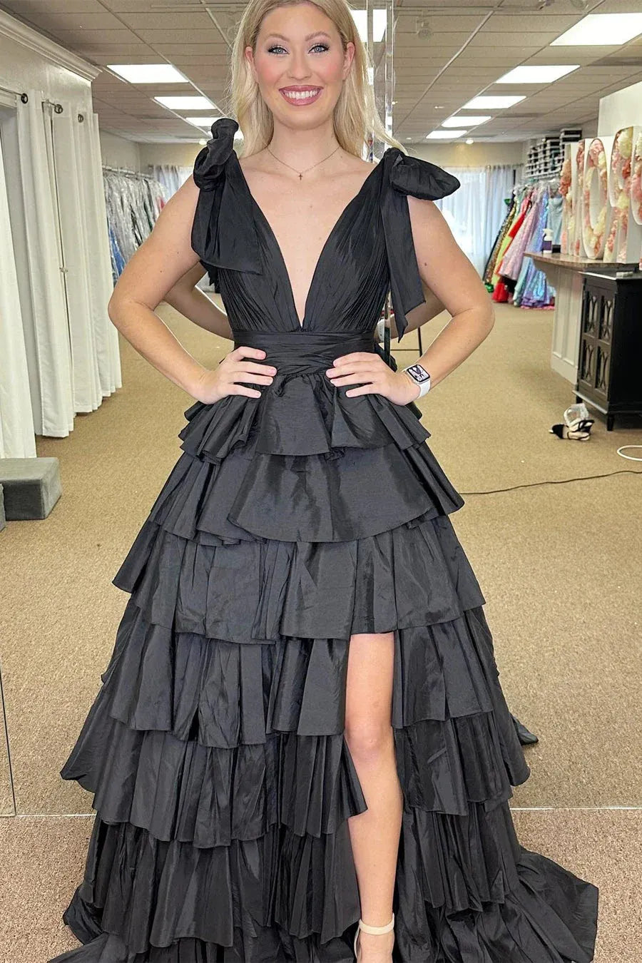 Ball Gown Black Satin Tiered  Prom Dresses Ruffle Plunge V Neck with Slit