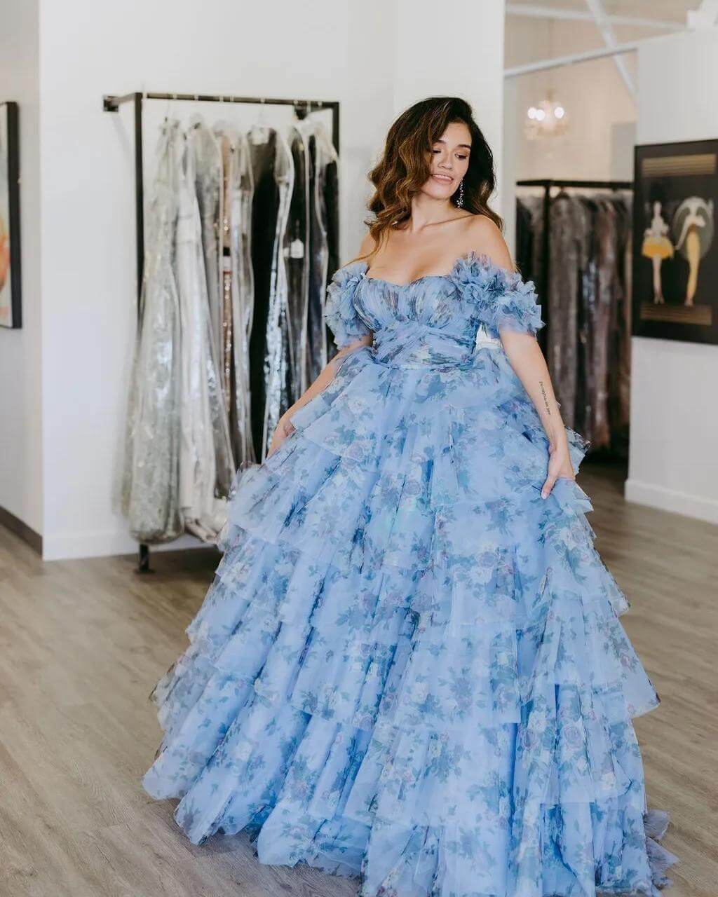 Ball Gown Blue Floral Prom Dress with Ruffles Tiered Sweet 16 Dresses