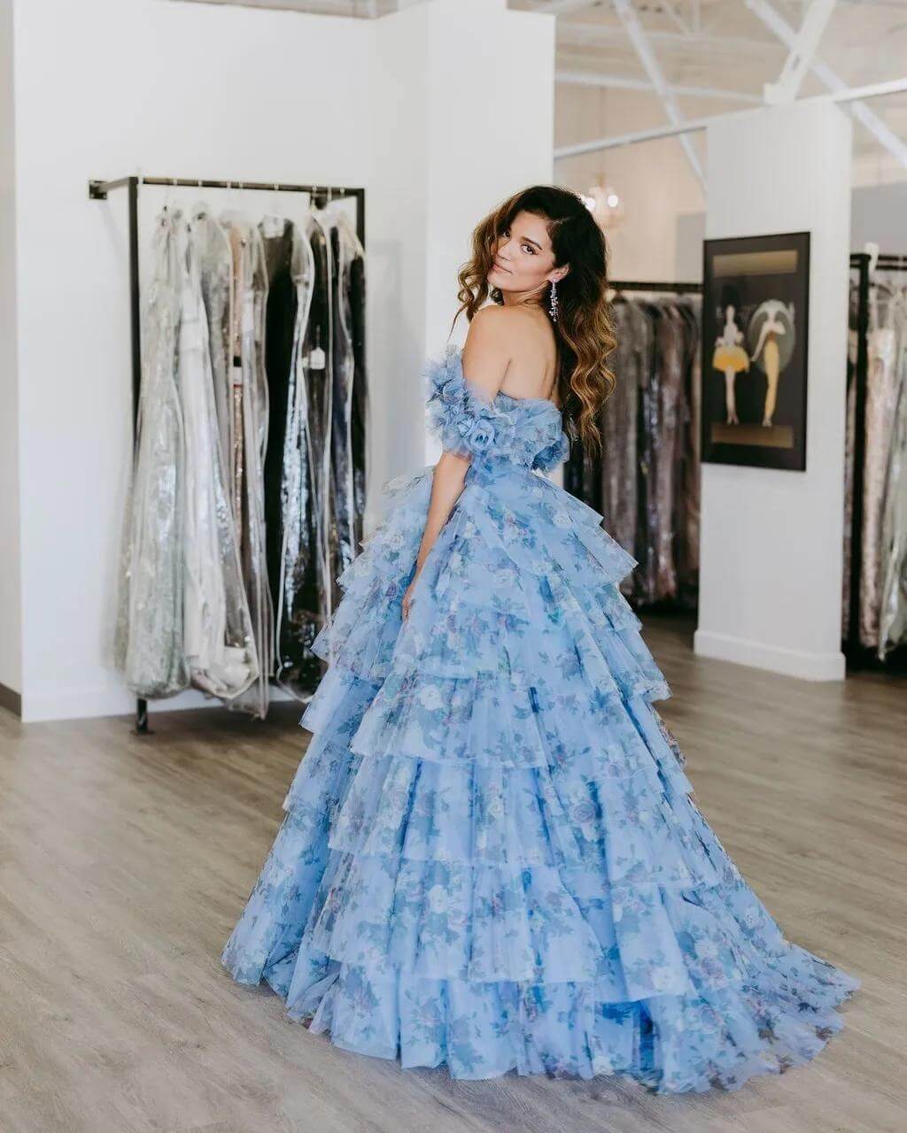 Ball Gown Blue Floral Prom Dress with Ruffles Tiered Sweet 16 Dresses