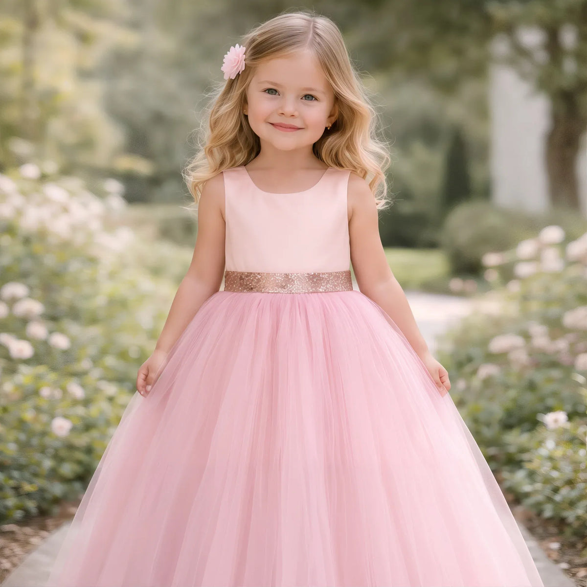 Ball Gown Blush Pink Tulle Flower Girl Dress with Rose Gold Belt Bow