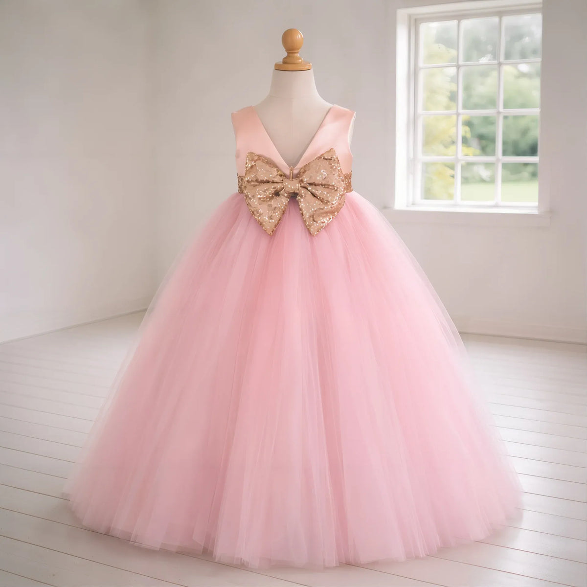 Ball Gown Blush Pink Tulle Flower Girl Dress with Rose Gold Belt Bow