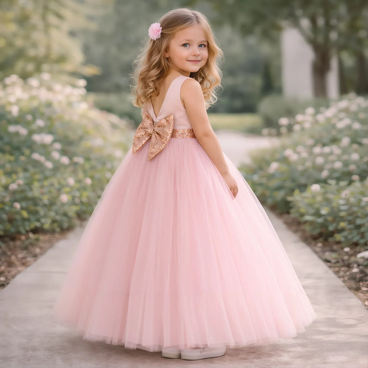 Ball Gown Blush Pink Tulle Flower Girl Dress with Rose Gold Belt Bow