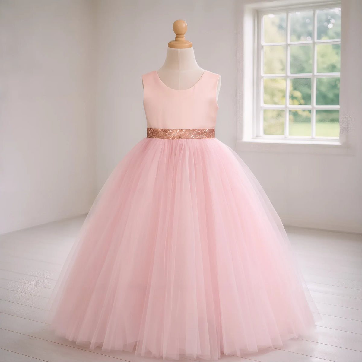 Ball Gown Blush Pink Tulle Flower Girl Dress with Rose Gold Belt Bow