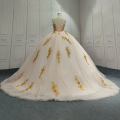 Ball Gown Champagne Gold Lace Sweet 15 Dress Srapless Tulle