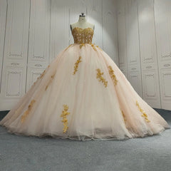 Ball Gown Champagne Gold Lace Sweet 15 Dress Srapless Tulle