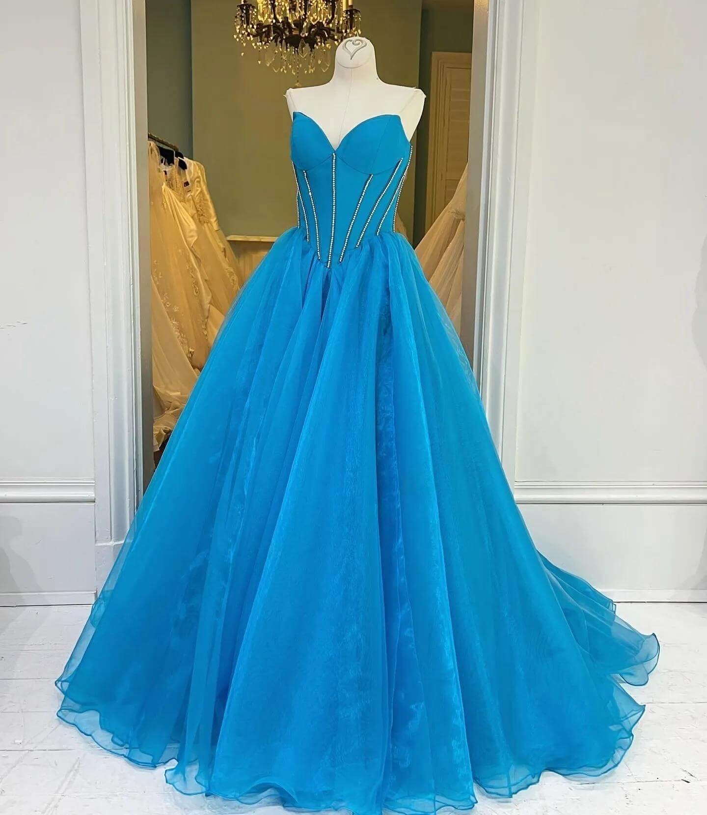 Ball Gown Corset Prom Dress Tulle Crystals blue Evening Gown Sweetheart