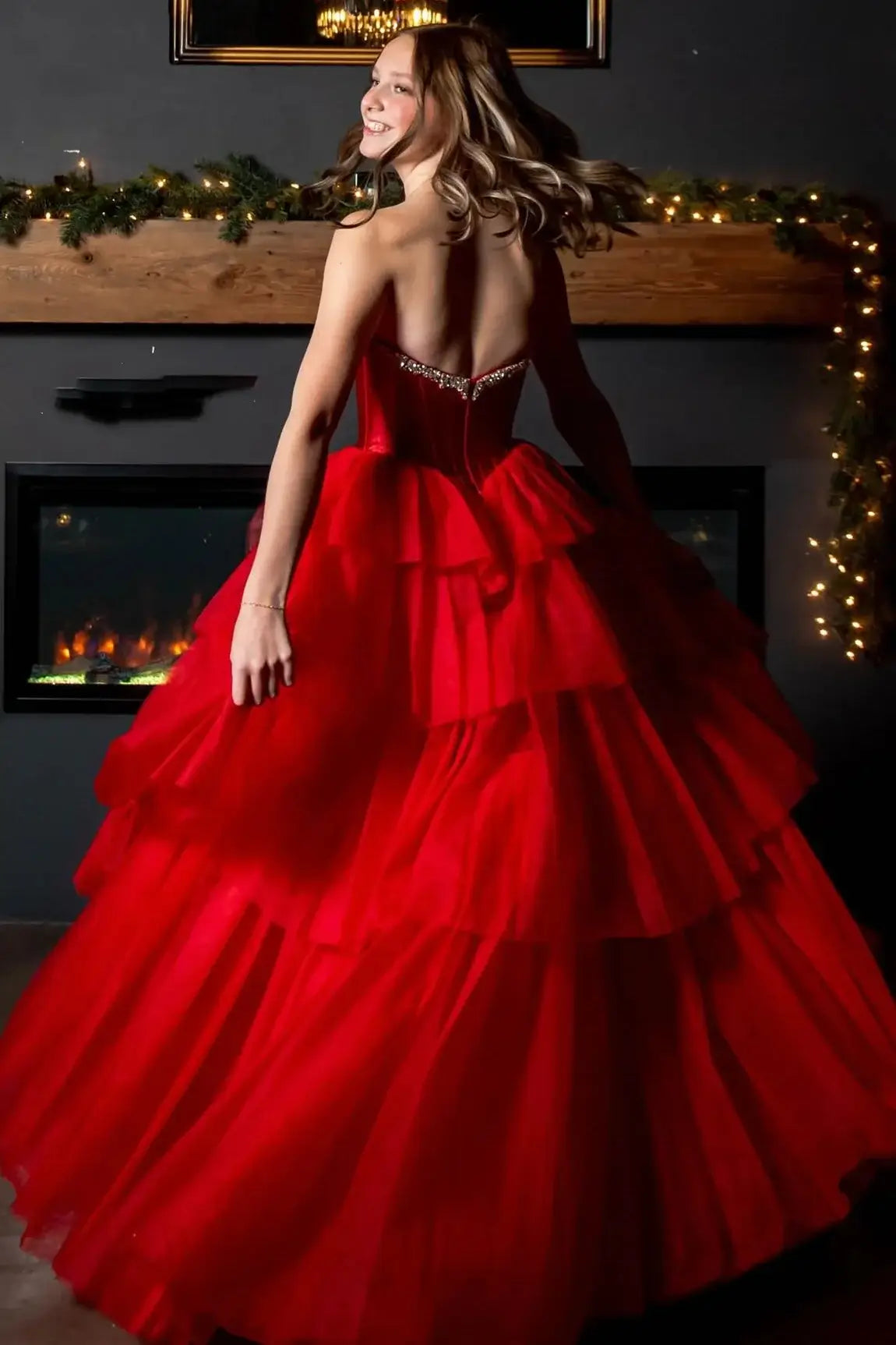 Ball Gown Corset Ruffle red Prom Dresses Beaded with Slit