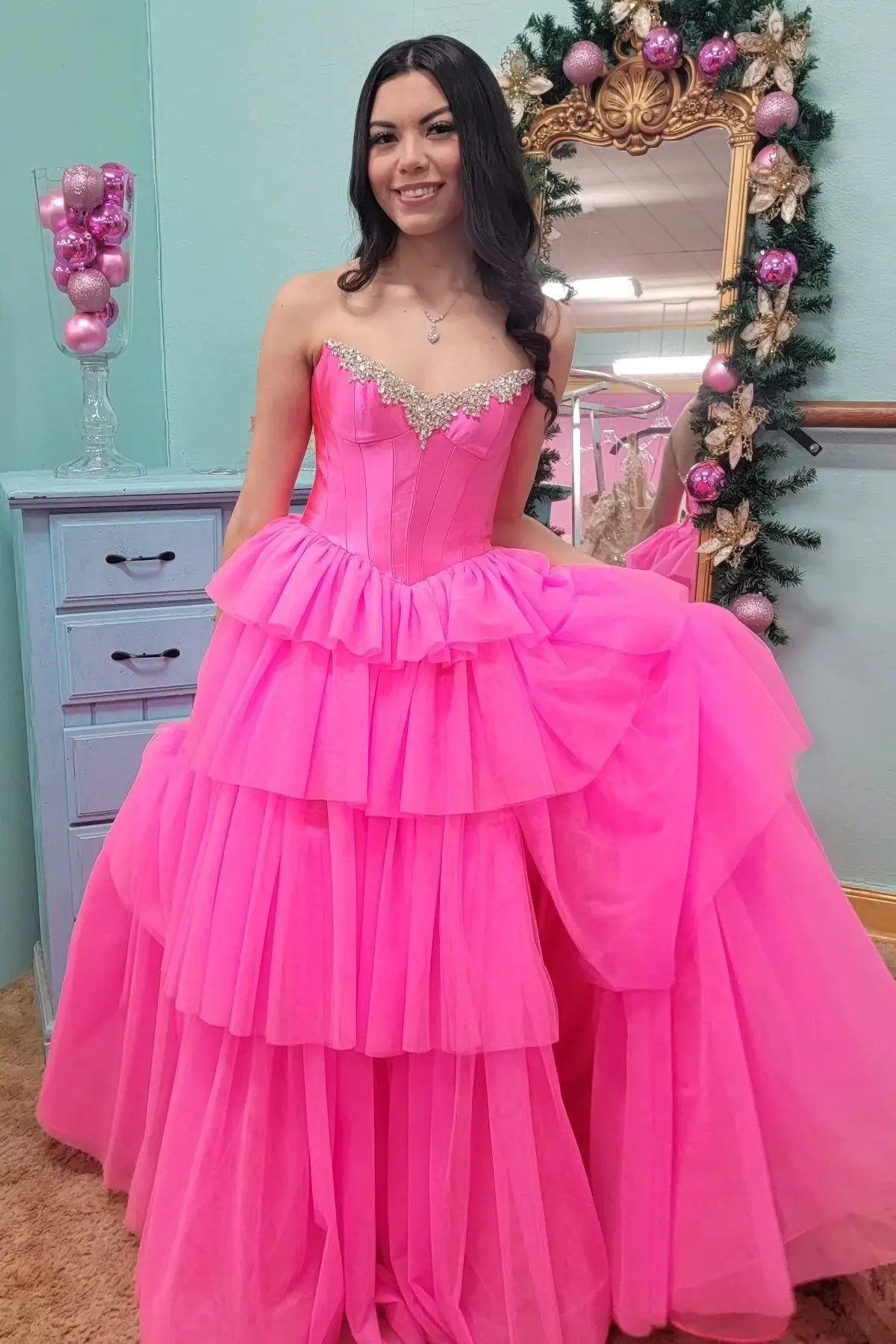 Ball Gown Corset Ruffle Prom Dresses Hot Pink Beaded with Slit