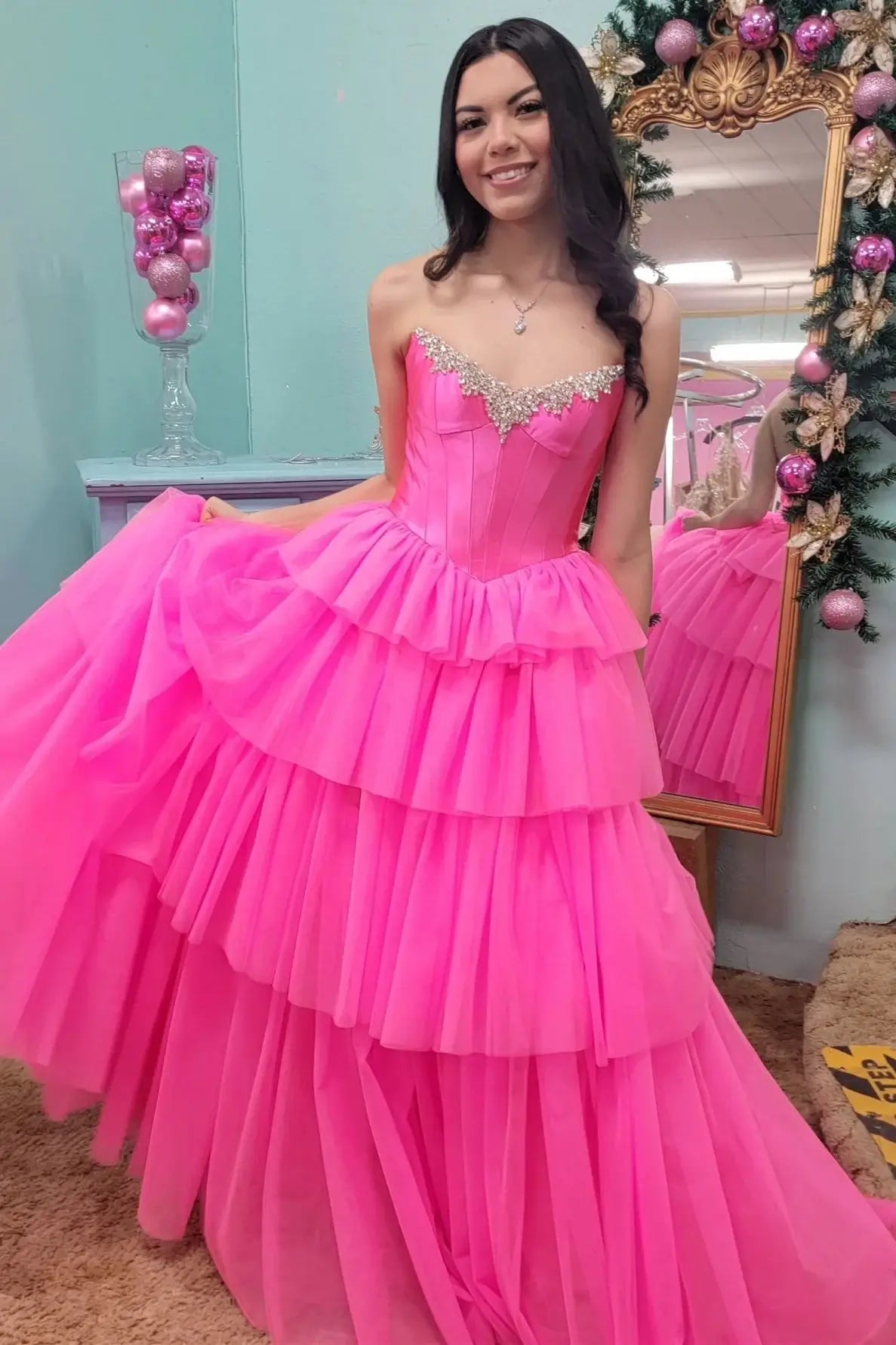 Ball Gown Corset Ruffle Prom Dresses Hot Pink Beaded with Slit