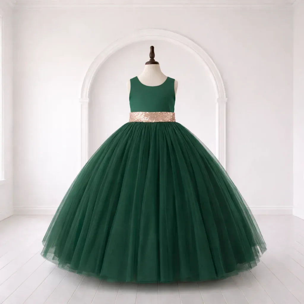 Ball Gown Blush Pink Tulle Flower Girl Dress with Rose Gold Belt Bow