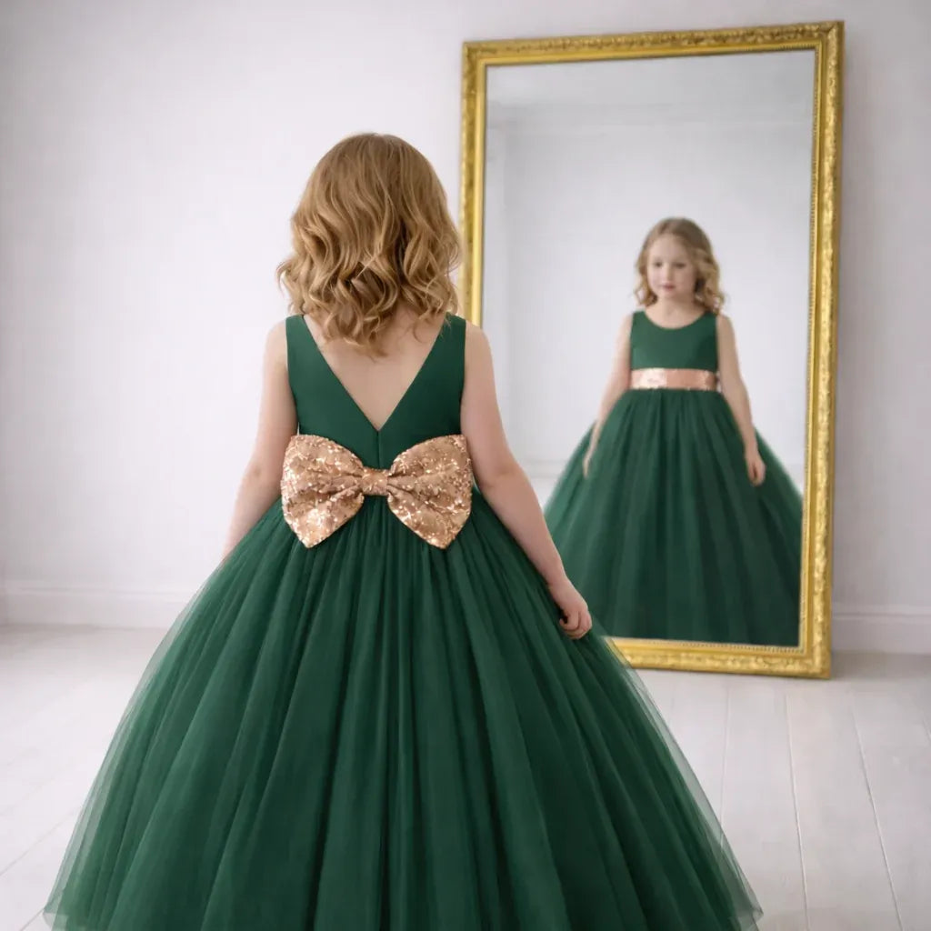 Ball Gown Blush Pink Tulle Flower Girl Dress with Rose Gold Belt Bow