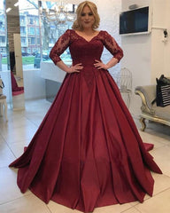 Ball Gown Dark Red Satin Wedding Dresses with Lace Appliques