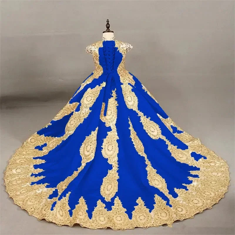 Ball Gown Flower Girl Dress with Gold Lace Embroidery Pageant Gown