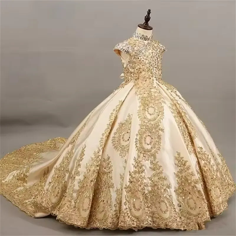 Ball Gown Flower Girl Dress with Gold Lace Embroidery Pageant Gown