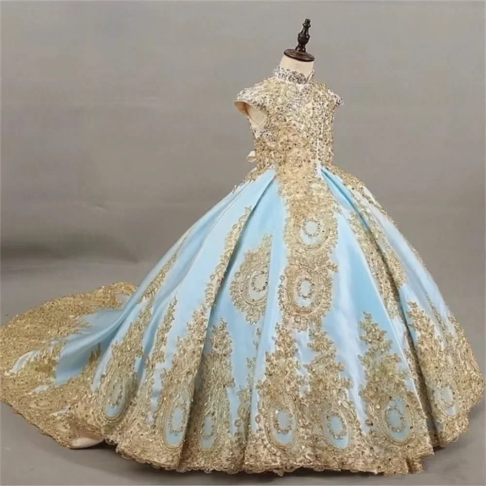 Ball Gown Flower Girl Dress with Gold Lace Embroidery Pageant Gown