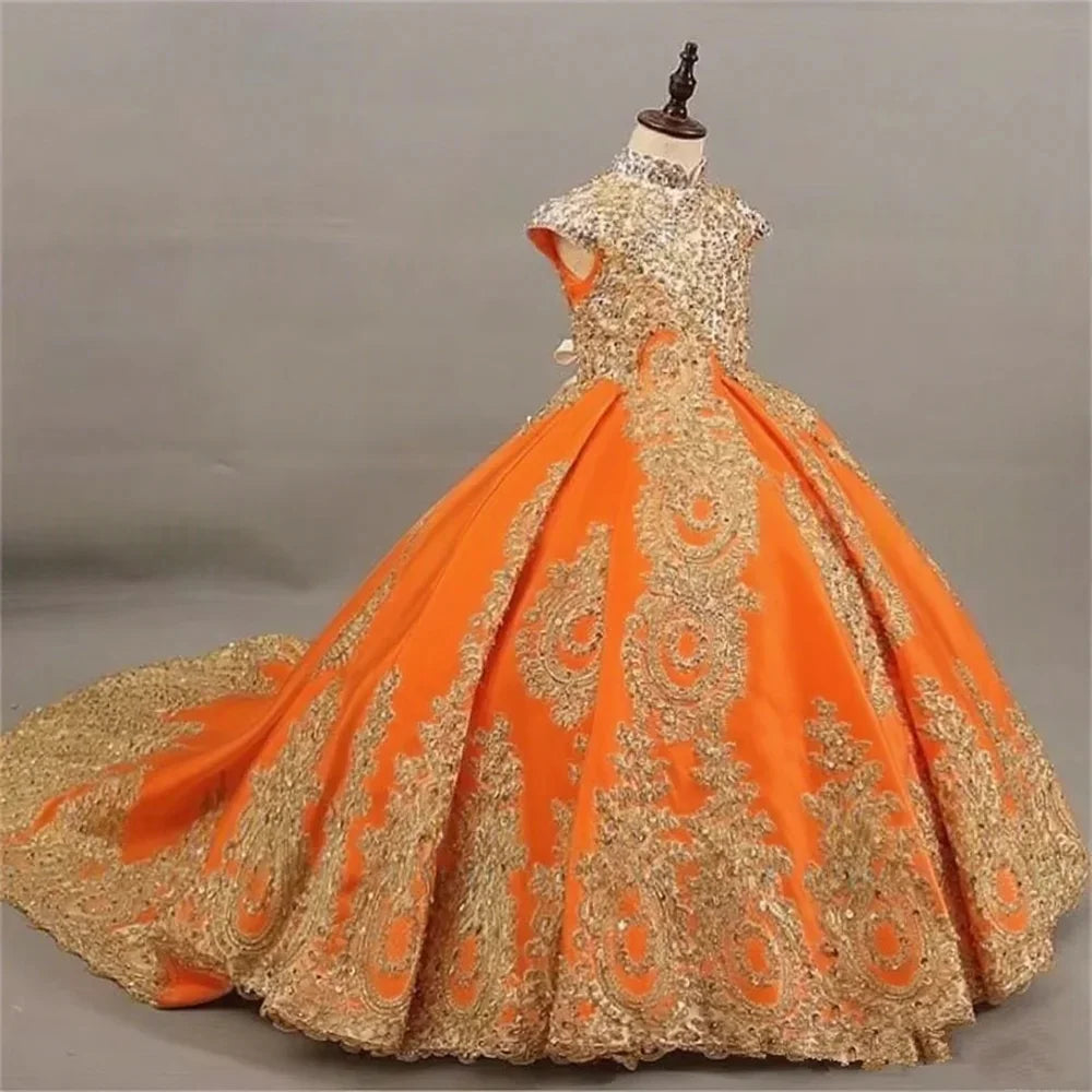 Ball Gown Flower Girl Dress with Gold Lace Embroidery Pageant Gown