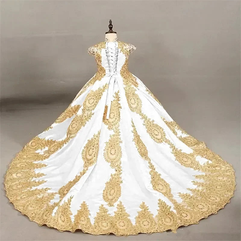 Ball Gown Flower Girl Dress with Gold Lace Embroidery Pageant Gown