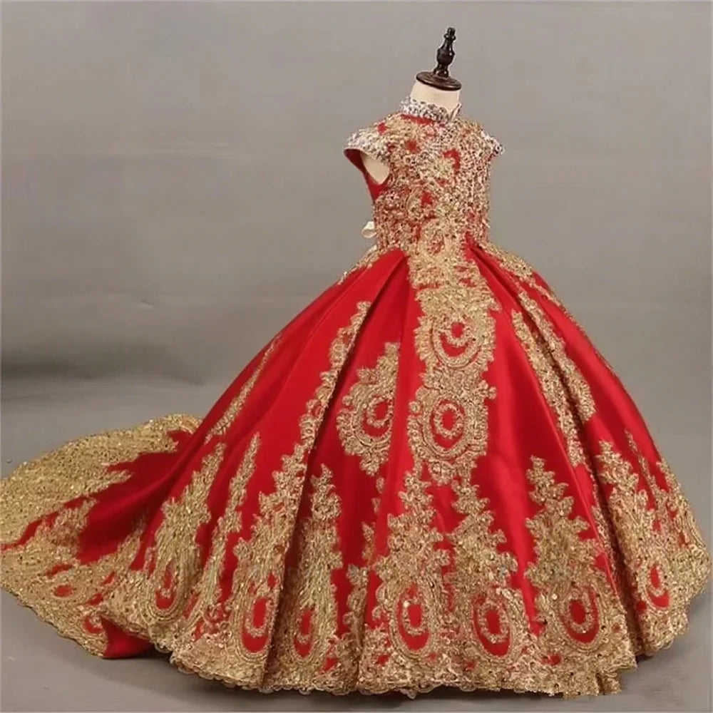 Ball Gown Flower Girl Dress with Gold Lace Embroidery Pageant Gown