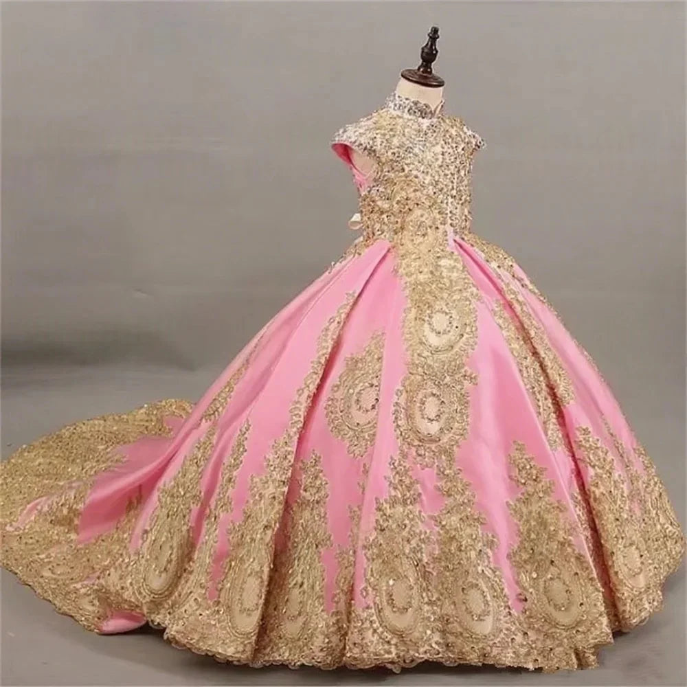 Ball Gown Flower Girl Dress with Gold Lace Embroidery Pageant Gown