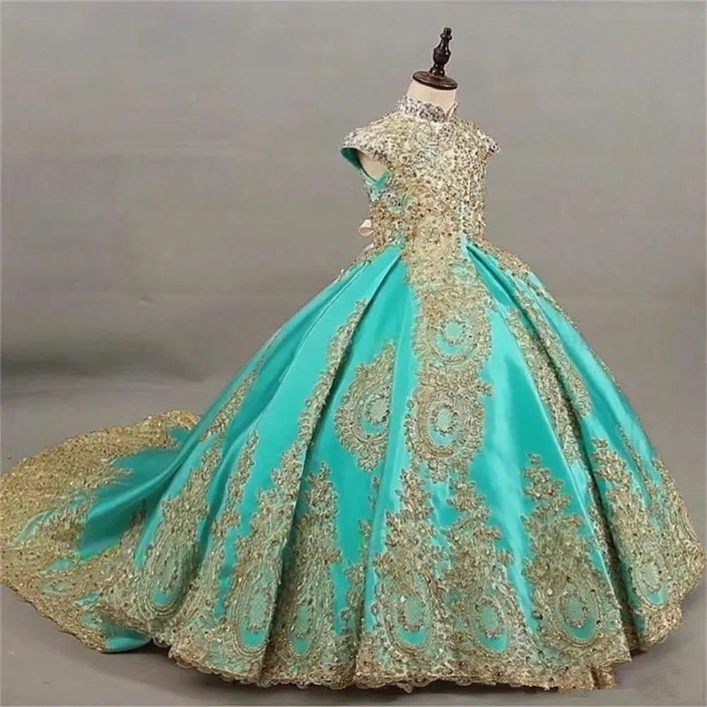 Ball Gown Flower Girl Dress with Gold Lace Embroidery Pageant Gown