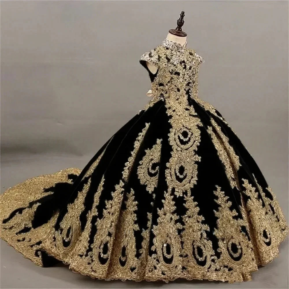 Ball Gown Flower Girl Dress with Gold Lace Embroidery Pageant Gown