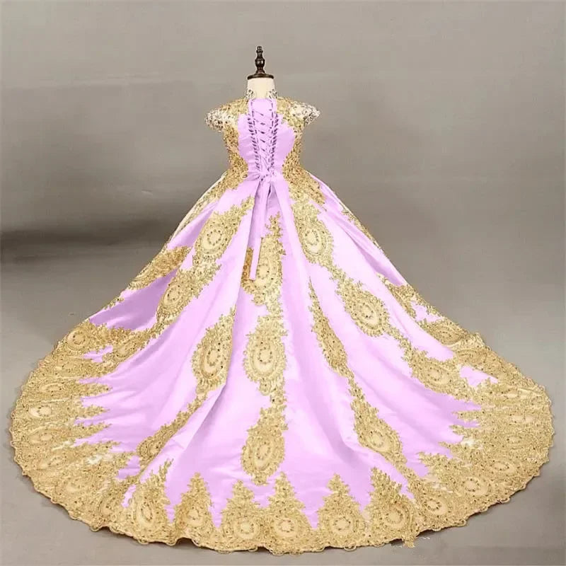 Ball Gown Flower Girl Dress with Gold Lace Embroidery Pageant Gown