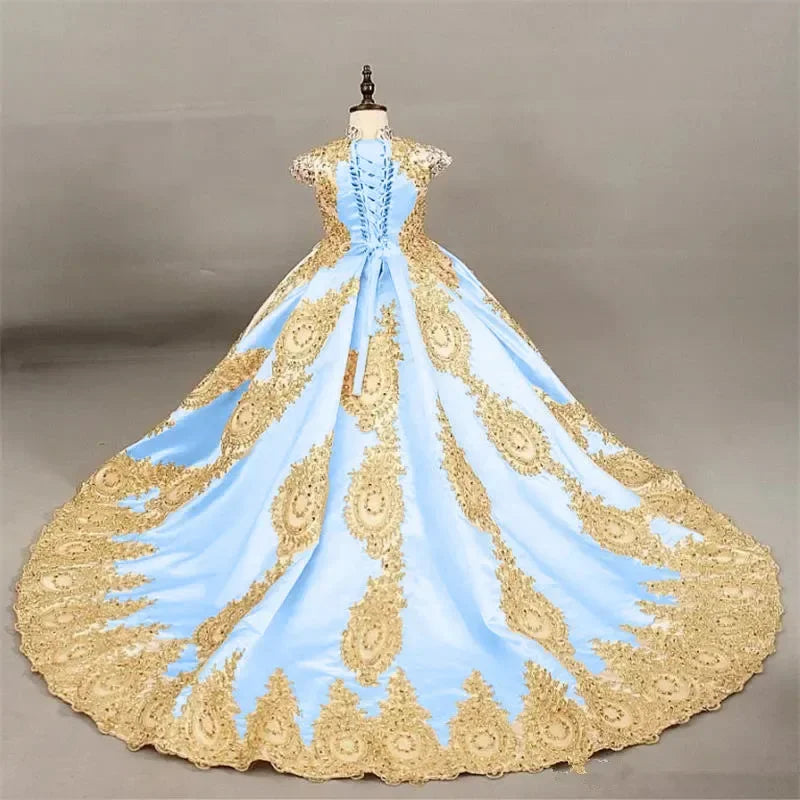 Ball Gown Flower Girl Dress with Gold Lace Embroidery Pageant Gown