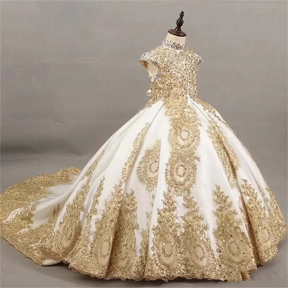 Ball Gown Flower Girl Dress with Gold Lace Embroidery Pageant Gown