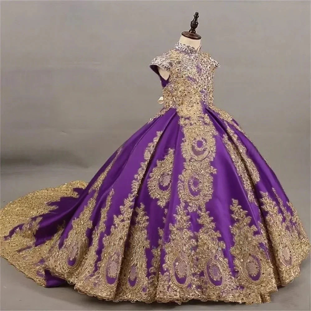 Ball Gown Flower Girl Dress with Gold Lace Embroidery Pageant Gown