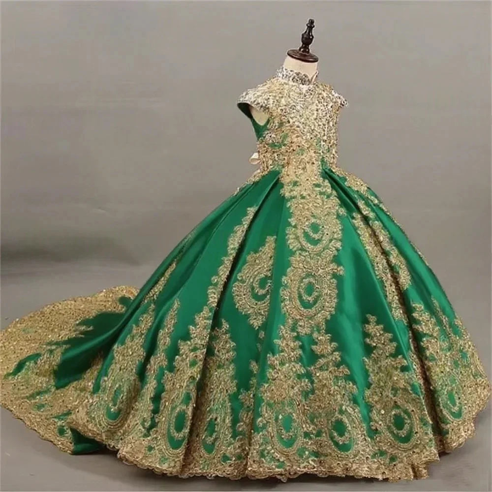 Ball Gown Flower Girl Dress with Gold Lace Embroidery Pageant Gown