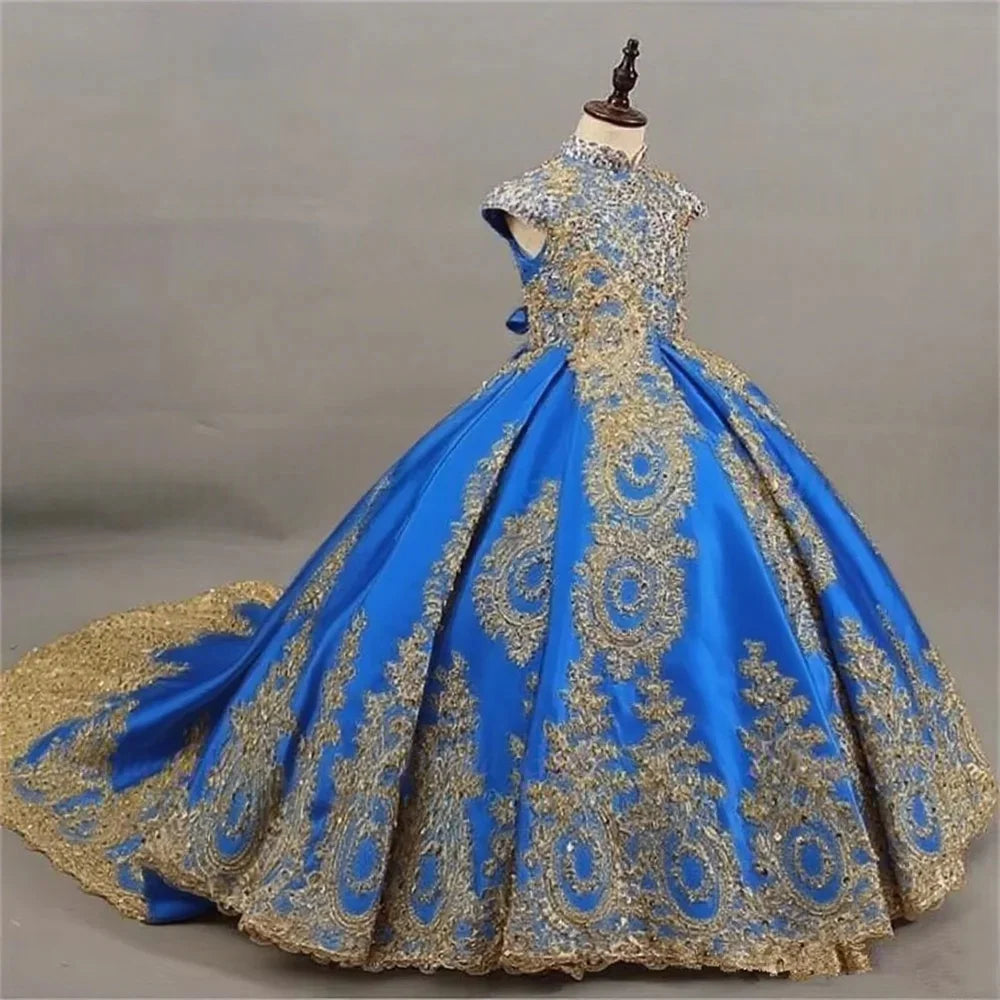 Ball Gown Flower Girl Dress with Gold Lace Embroidery Pageant Gown