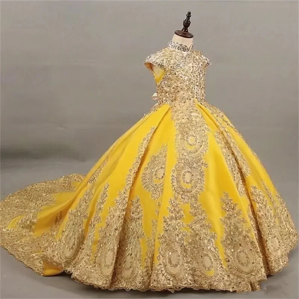 Ball Gown Flower Girl Dress with Gold Lace Embroidery Pageant Gown