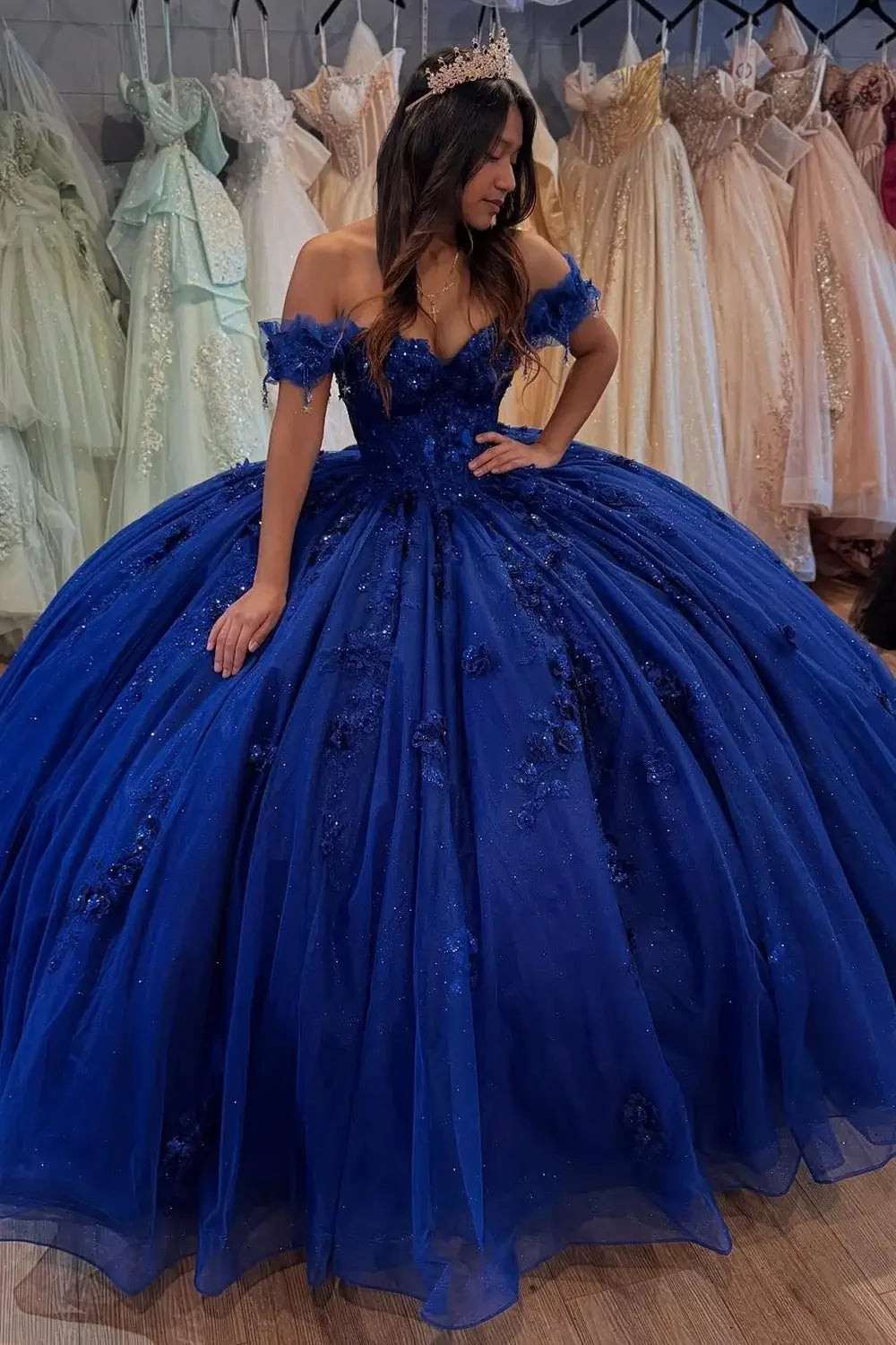Off Shoulder Tulle Royal Blue Quinceanera Dresses 3D Flowers for Sweet 16