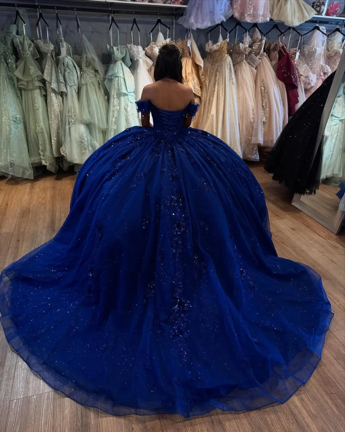 Off Shoulder Tulle Royal Blue Quinceanera Dresses 3D Flowers for Sweet 16