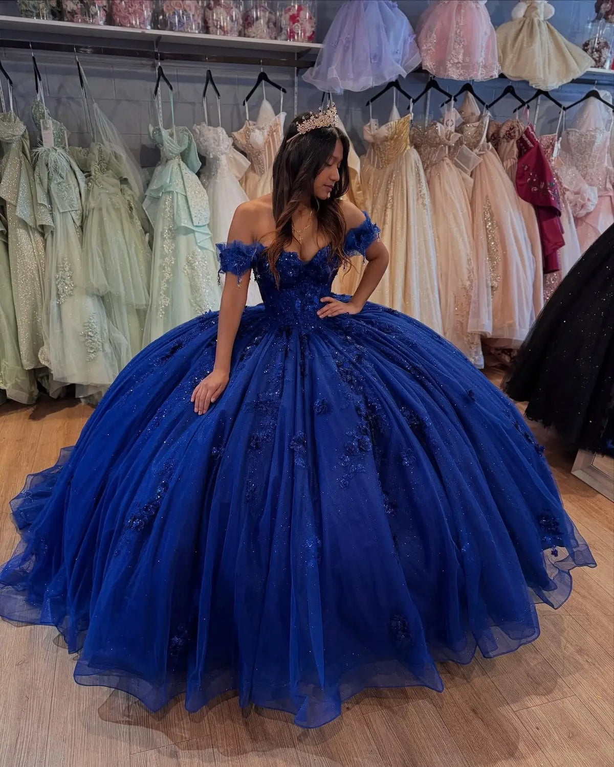 Off Shoulder Tulle Royal Blue Quinceanera Dresses 3D Flowers for Sweet 16