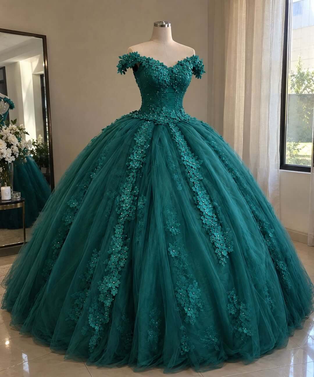 Ball Gown Flowers Dark Green Sweet 16 Dress Princess Quince Dress