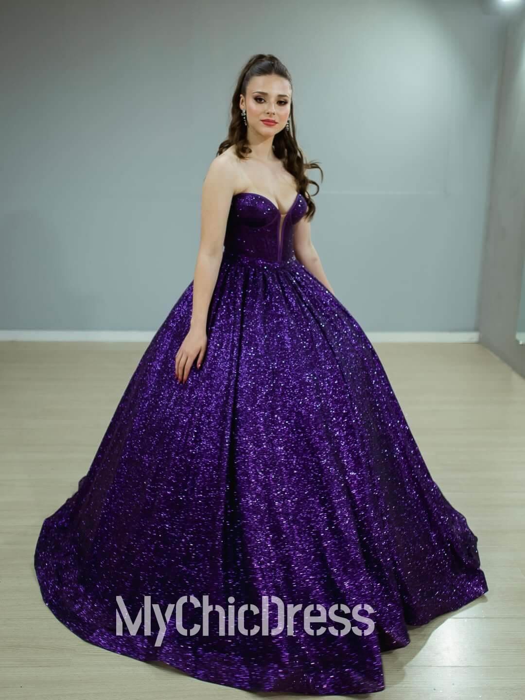 Ball Gown Glitter Purple Sequin Quinceanera Dress Strapless Wedding Gown