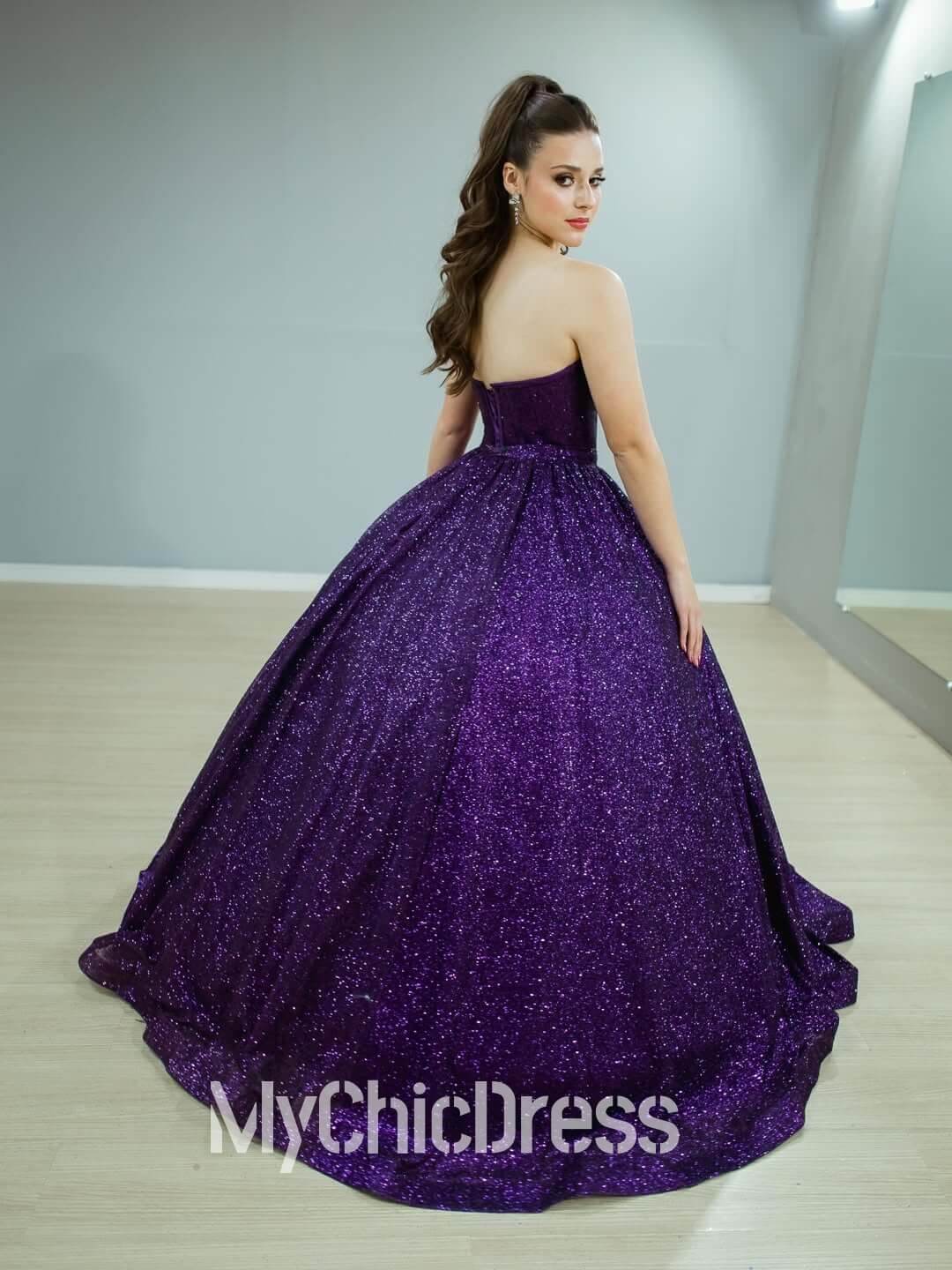 Vestido de Quinceañera con Lentejuelas Moradas Brillos sin Tirantes Vestido de Novia