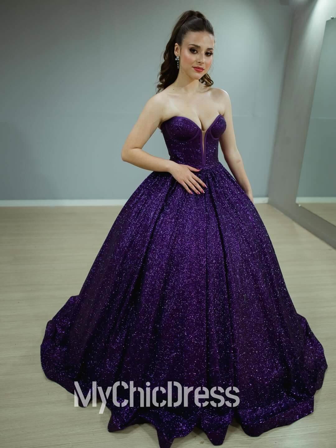 Vestido de Quinceañera con Lentejuelas Moradas Brillos sin Tirantes Vestido de Novia