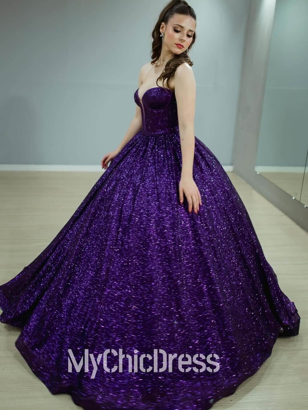 Vestido de Quinceañera con Lentejuelas Moradas Brillos sin Tirantes Vestido de Novia