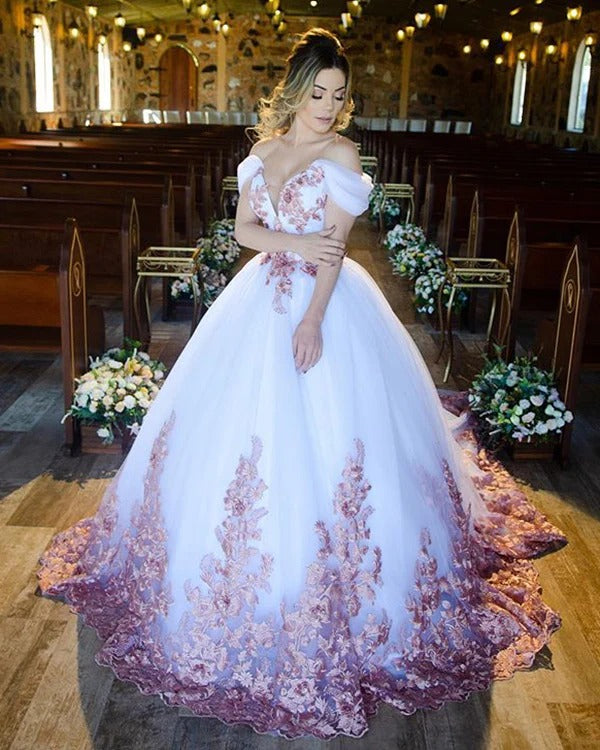 Ball Gown Gothic Wedding Dress Lace Cap Sleeves with Appliques